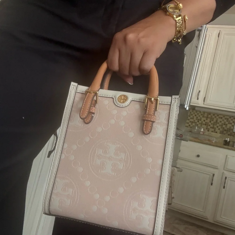 Tory Burch Mini T Monogram Perforated Leather Tote Crossbody, pale pink, NWT